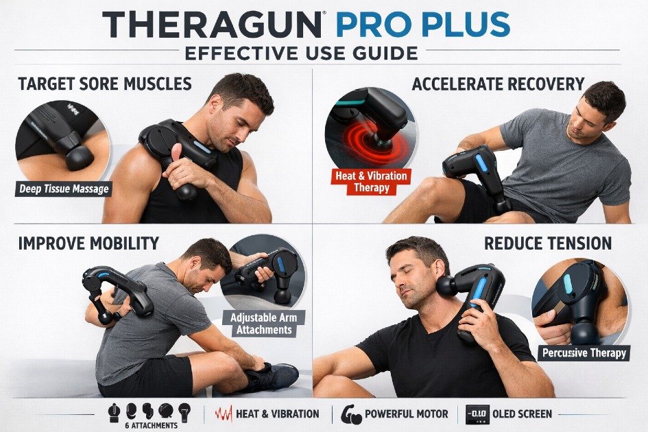 Person demonstrating Theragun PRO Plus for deep muscle therapy and recovery