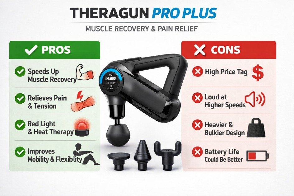 Theragun PRO Plus massage gun showing benefits and drawbacks for muscle recovery and pain relief