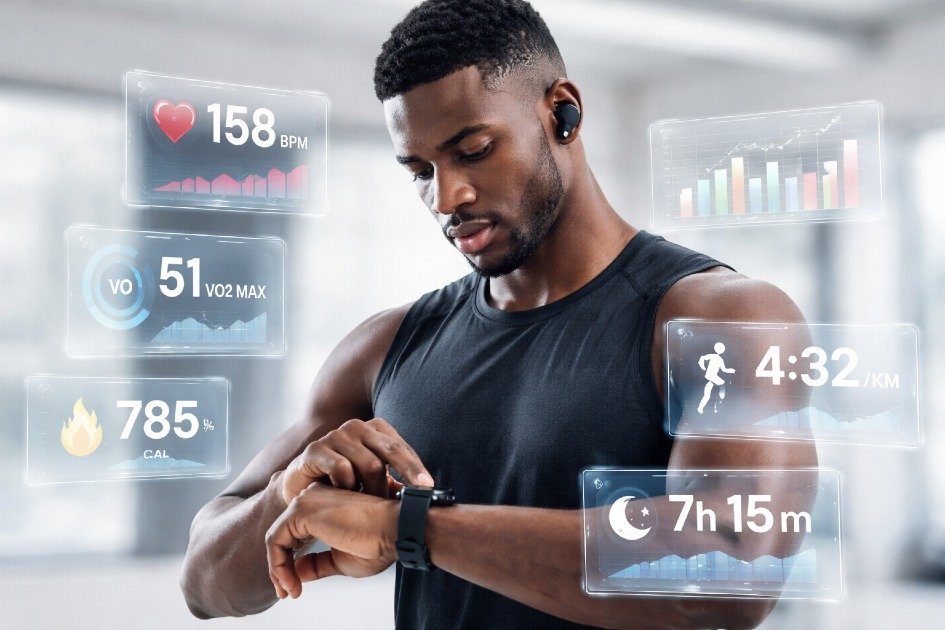 Athlete analyzing performance metrics on wearable tracker for peak results