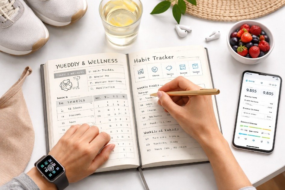 Person tracking fitness and wellness progress with journal and smartwatch