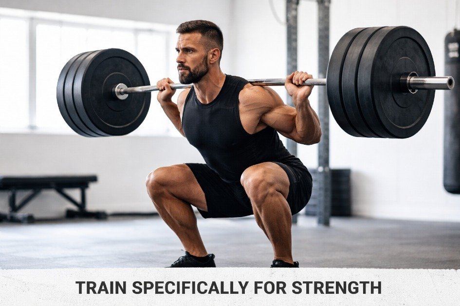 Man lifting heavy barbell to build strength in gym