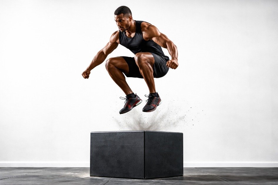 Athlete performing explosive jump to build power, emphasizing strength and speed