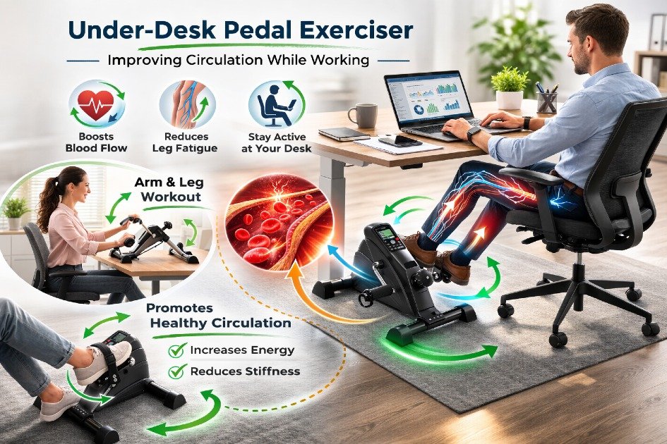 Under desk pedal exerciser improving circulation while working at a desk