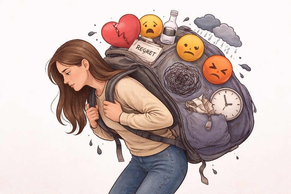 Woman carrying a heavy backpack filled with emotional symbols, symbolizing unresolved emotional baggage.