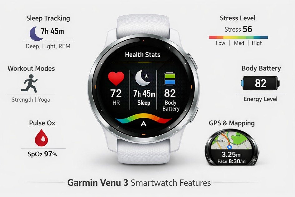 Garmin Venu 3 smartwatch displaying health tracking metrics, fitness stats, and AMOLED screen interface