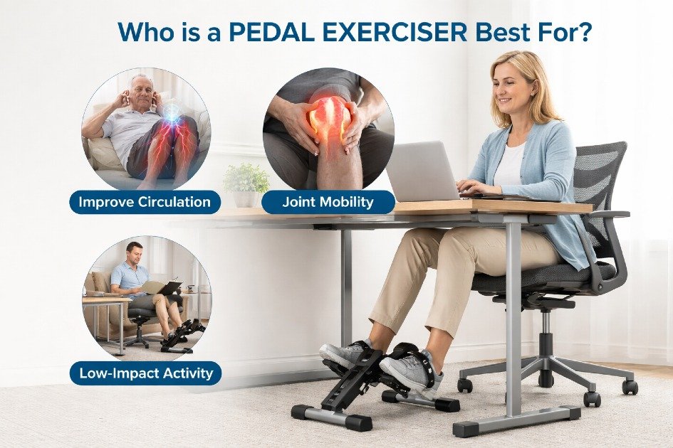 Person using a pedal exerciser under a desk to improve circulation, joint mobility, and low-impact daily activity.