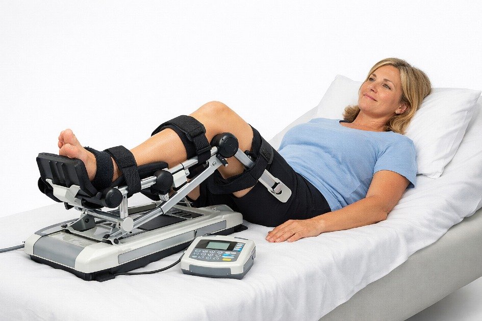 Patient using a CPM machine for gentle knee movement during post-surgery rehabilitation and recovery.