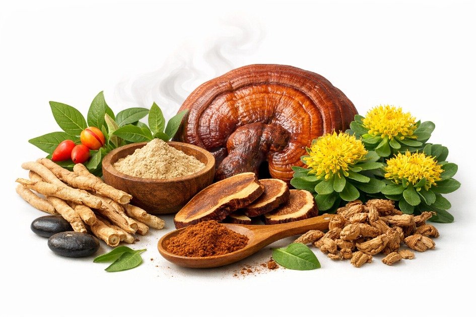 Adaptogenic herbs like ashwagandha, reishi, and rhodiola that help the body manage stress and support overall balance.