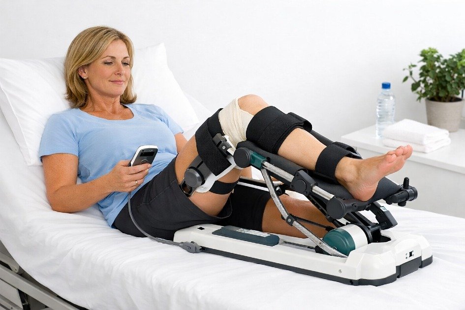 Patient using a CPM machine for gentle knee movement during post-surgery rehabilitation
