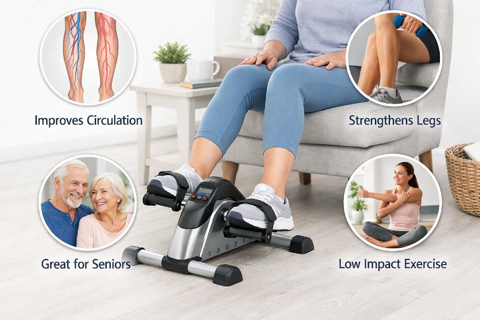 Compact pedal exerciser in use at home improving circulation, strengthening legs, and supporting low-impact daily fitness