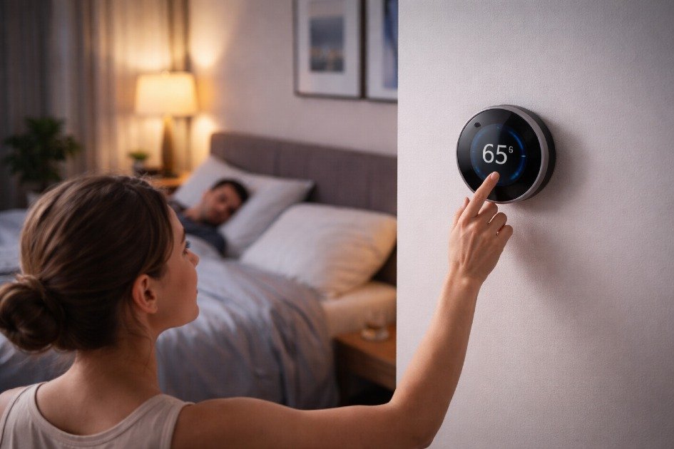 Person adjusting smart thermostat in a modern bedroom to optimize temperature for deeper, uninterrupted sleep