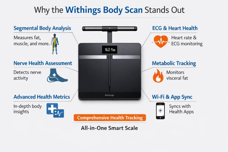Withings Body Scan smart scale showing advanced health metrics on a sleek display