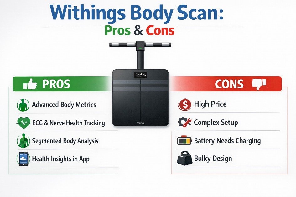 Withings Body Scan smart scale displaying health metrics, showing pros and cons of daily use.