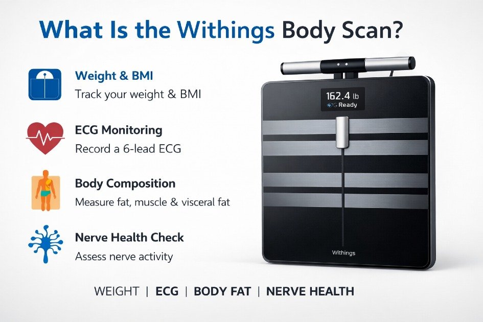 Withings Body Scan smart scale displaying health metrics on a sleek home dashboard