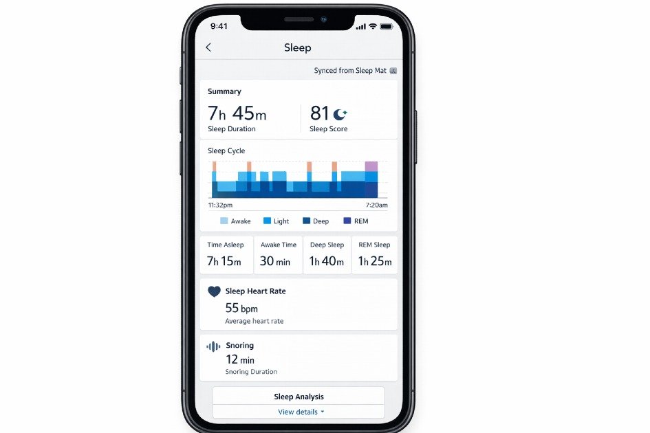 Withings Health Mate app displaying sleep report synced from Sleep Mat