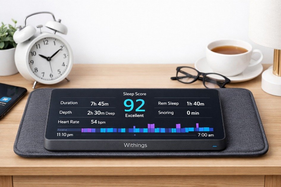 Withings Sleep Mat on a bedside table showing sleep tracking for optimal health