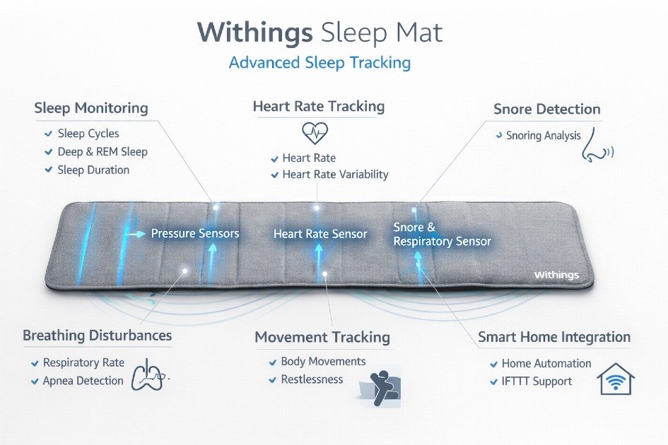 Withings Sleep Mat showing advanced sleep tracking sensors and smart sleep monitoring features