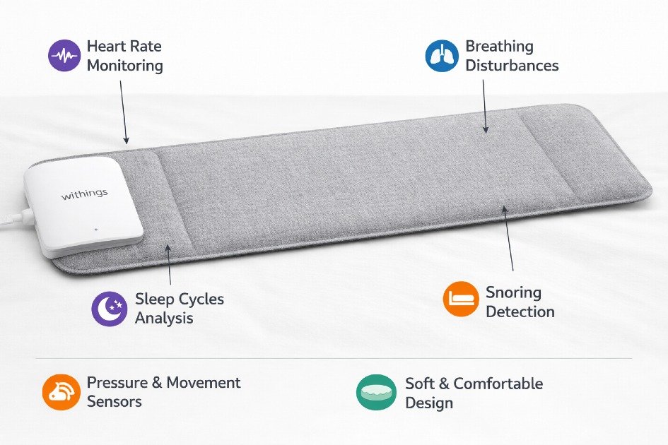 Close-up of Withings Sleep Mat on bed showing sleep tracking features and comfort sensors