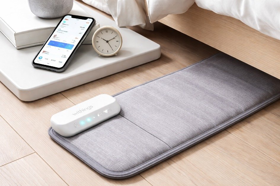 Close-up of Withings Sleep Mat tracking sleep patterns on a bedside floor