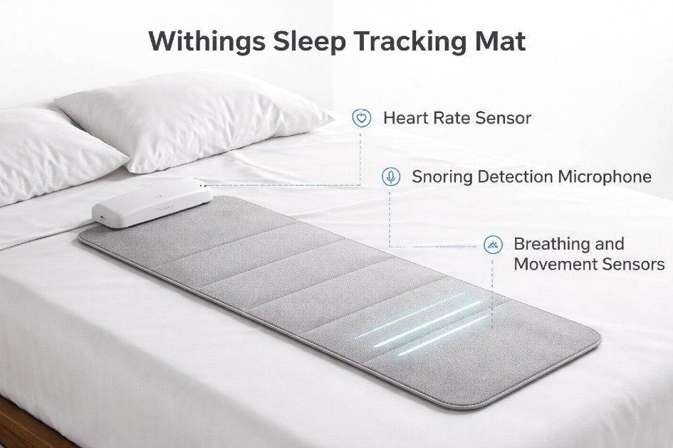 Withings Sleep Tracking Mat on bed showing sensors and sleek design