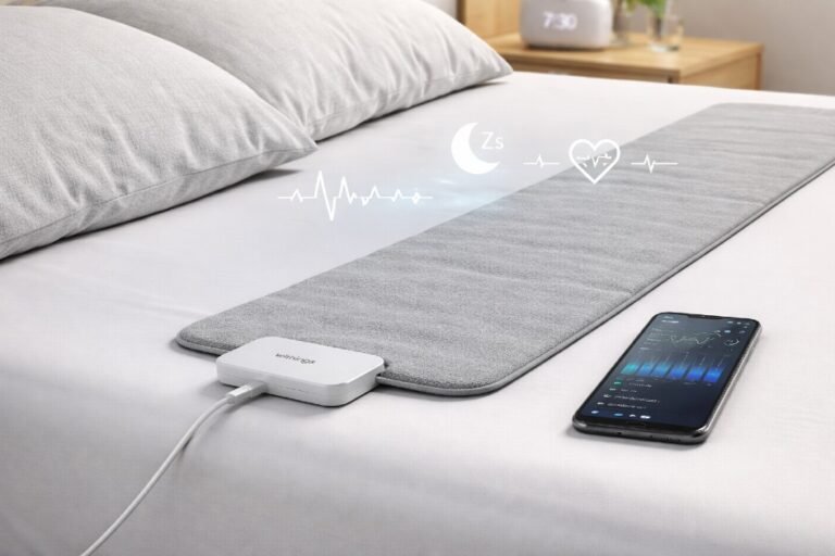 Withings Sleep Tracking Mat on a bedroom mattress monitoring sleep patterns
