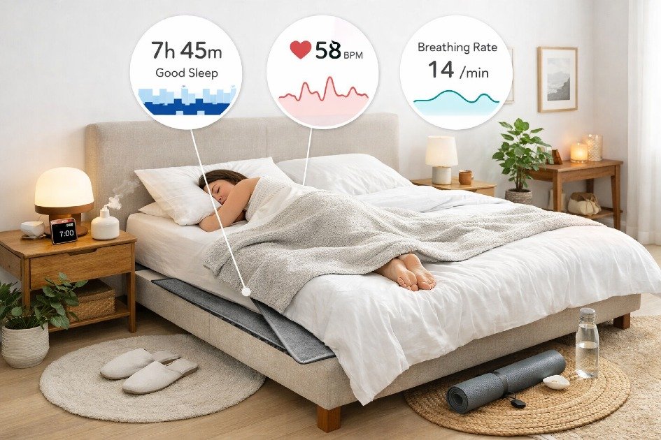 Bedroom setup with Withings Sleep Tracking Mat emphasizing wellness