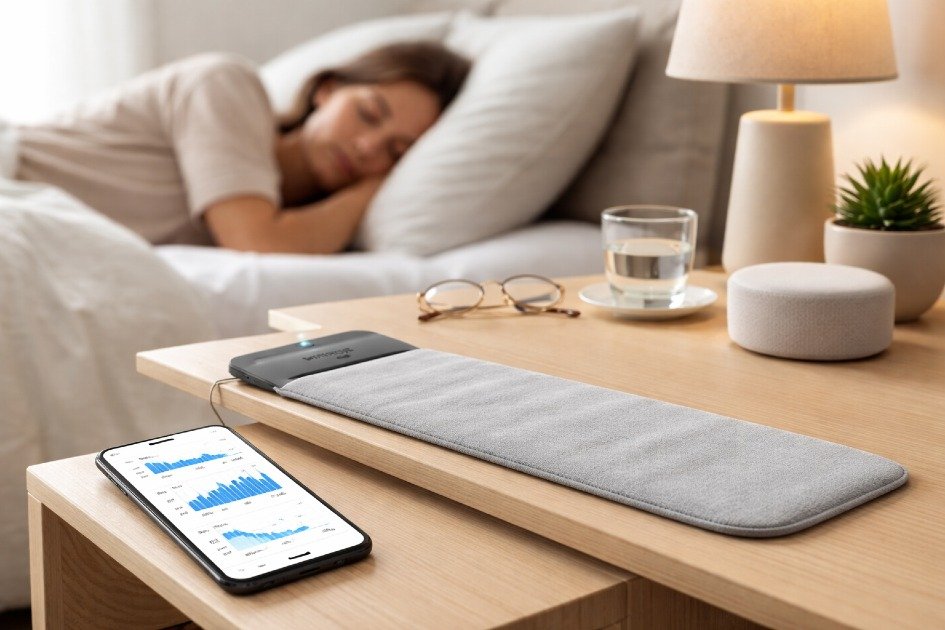 Withings Sleep Tracking Mat on bedside table monitoring sleep patterns for optimal health
