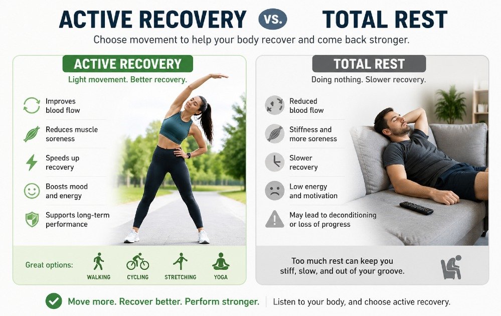 Person doing light stretching outdoors to support muscle recovery and reduce post-workout fatigue