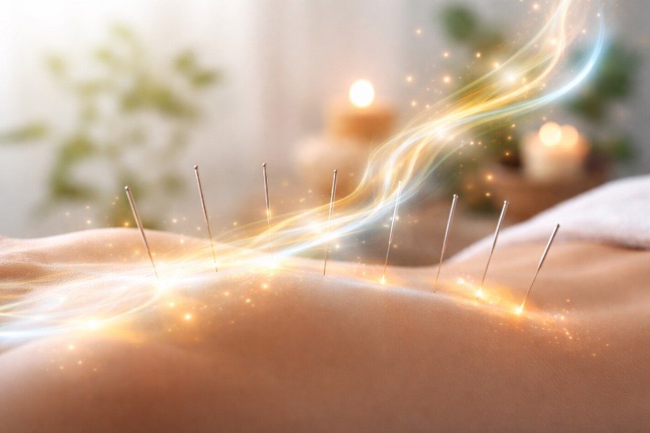 Acupuncture needles stimulating energy flow for holistic wellness.