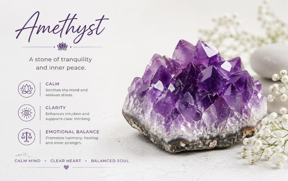 Amethyst crystal symbolizing calm, stress relief, and emotional balance