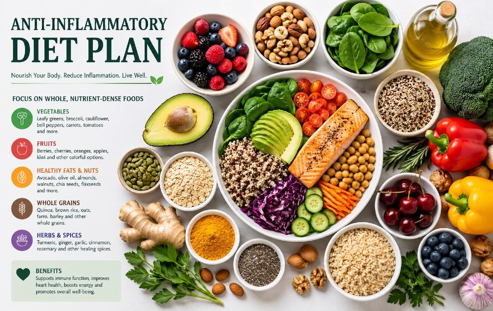 Balanced anti-inflammatory diet foods including fruits, vegetables, nuts, and whole grains arranged for healthy eating and wellness.