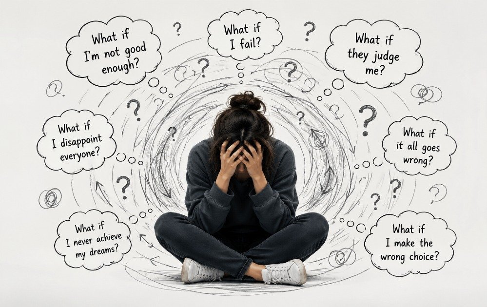Person sitting with head in hands, surrounded by swirling “what if” thought bubbles representing anxiety and overthinking.