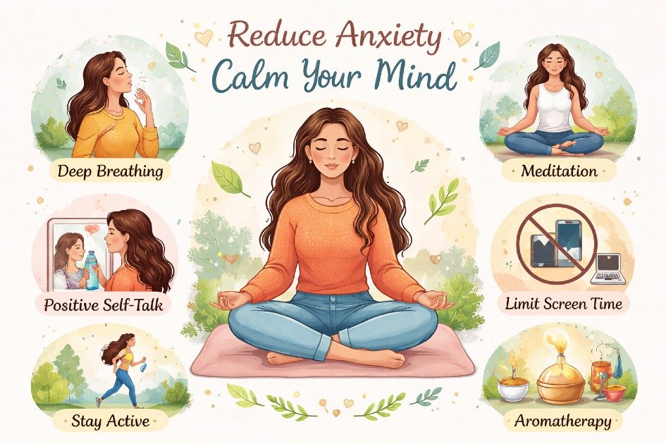 Woman practicing mindfulness to reduce anxiety with calming techniques.