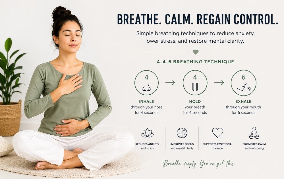 Person practicing calm breathing techniques to manage anxiety and reduce stress for mental clarity and emotional balance.