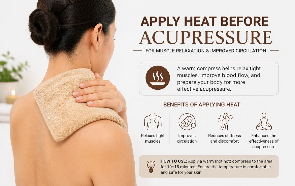Warm compress applied to the body before acupressure therapy for muscle relaxation and improved circulation.