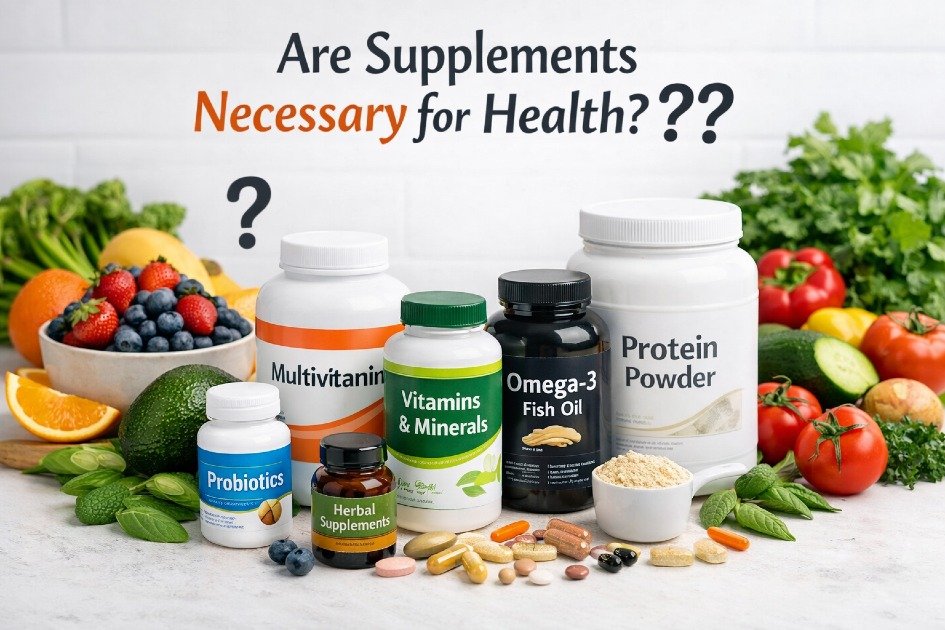 Healthy supplements on a kitchen counter with fruits and vegetables, questioning if they are necessary for daily health.