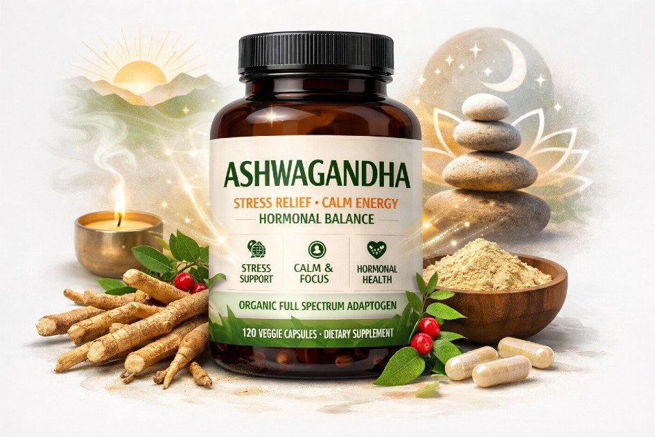 Ashwagandha supplement with natural roots symbolizing stress relief, calm energy, and hormonal balance