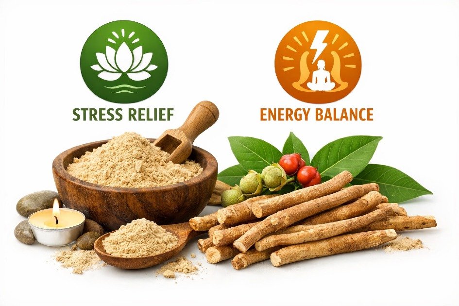 Ashwagandha root and powder used for natural stress relief and energy balance