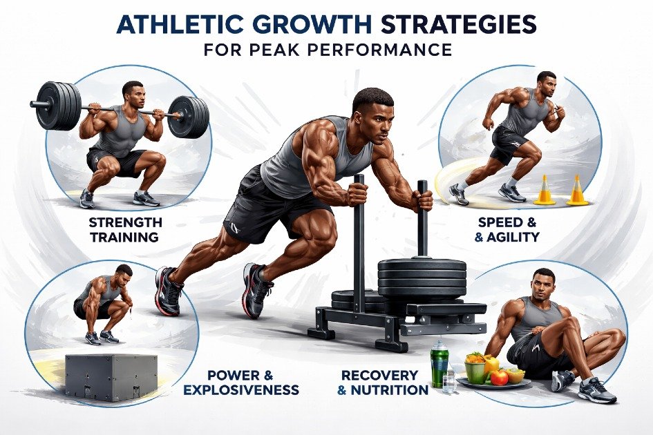Athlete performing strength and agility exercises, representing essential growth strategies for peak performance