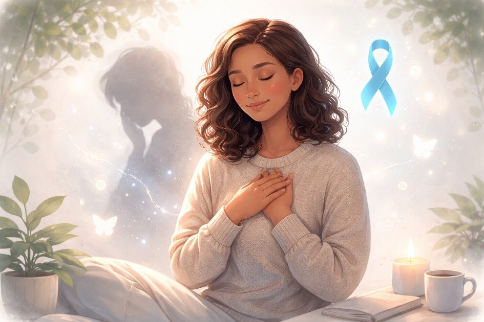 Person thoughtfully reflecting with calm surroundings, symbolizing awareness and control over depression.