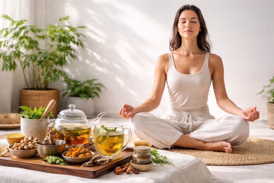 Person practicing Ayurvedic morning routine with herbal tea, mindful breathing, and natural wellness rituals for balanced digestion and long-term vitality.