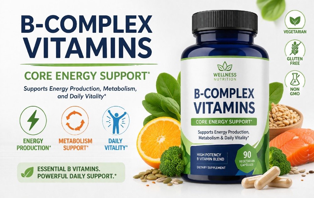 B-complex vitamins supplement supporting energy production, metabolism, and daily vitality