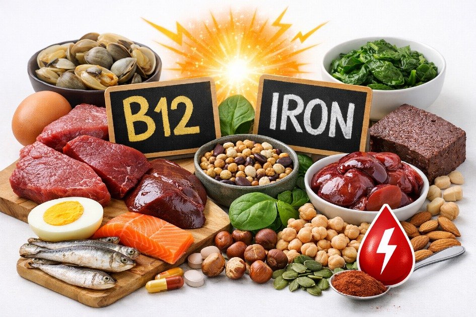 Close-up of foods rich in vitamin B12 and iron, highlighting their role in energy and health.