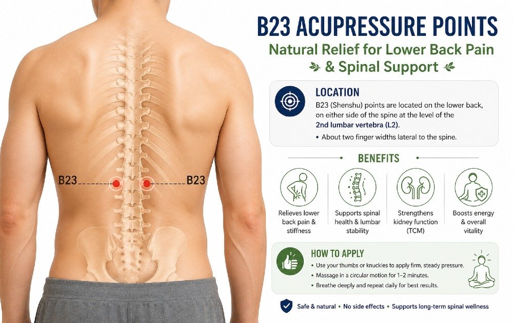 Illustration showing targeted B23 acupressure points on the lower back for natural pain relief and spinal support.