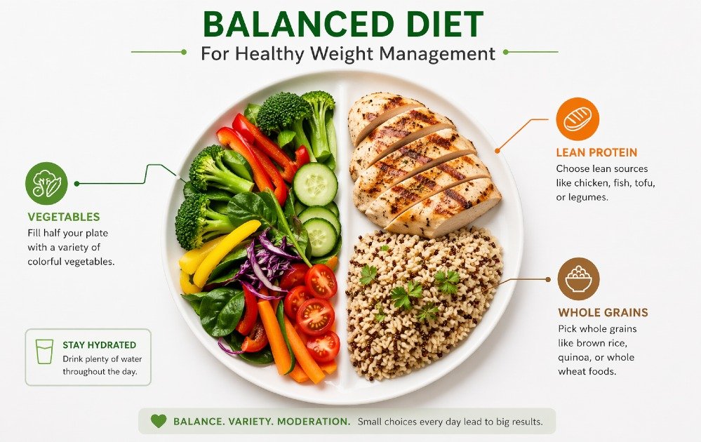 Balanced diet meal plate with vegetables, lean protein, and whole grains for healthy weight management