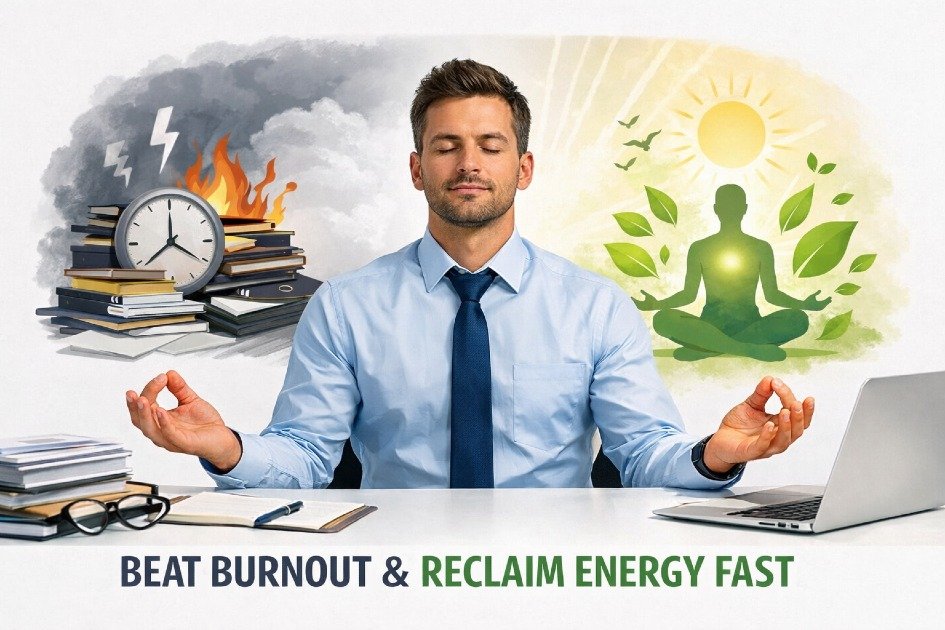 Focused professional practicing mindfulness to overcome burnout and restore energy