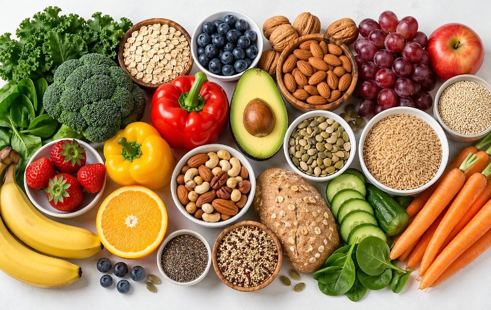 Nutritious whole foods including fruits, vegetables, nuts, and grains arranged for long-term health and wellness