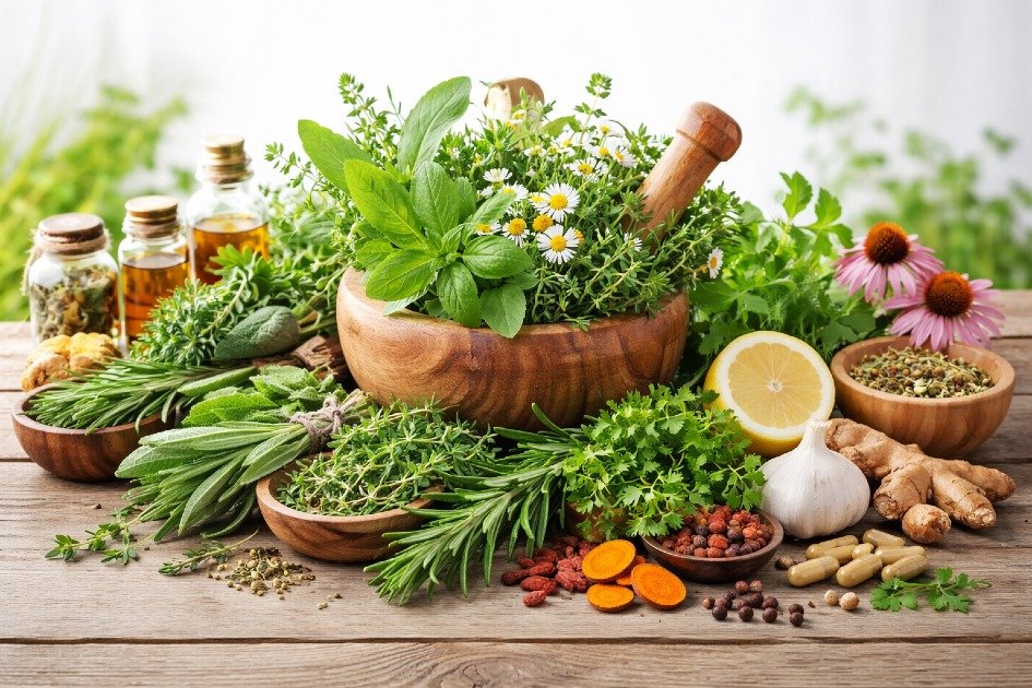 Fresh medicinal herbs on a wooden table promoting overall health and wellness.