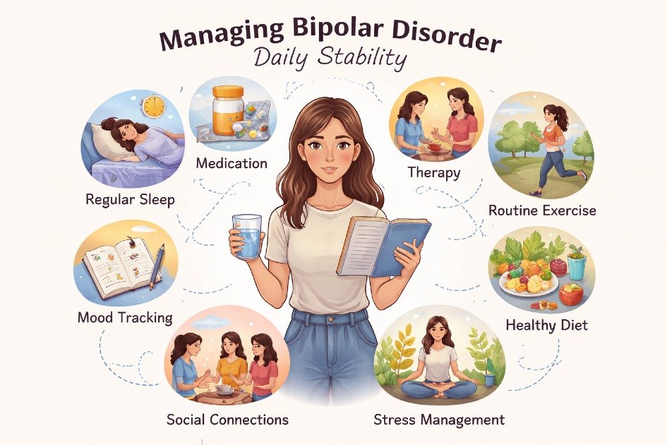 Person practicing daily routines to manage bipolar disorder with stability and balance.