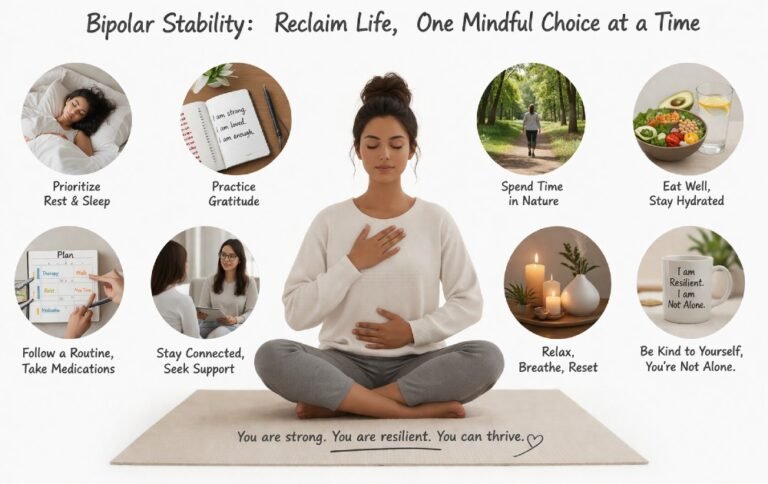 Person practicing mindfulness and self-care to maintain emotional stability with bipolar disorder